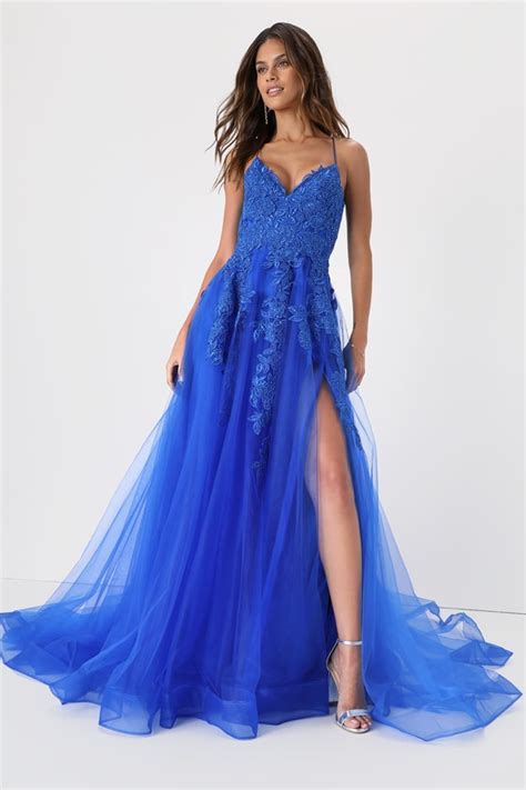 Lulus Everlasting Enchantment Royal Blue Embroidered Tulle Maxi Dress