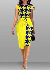 Rotita Twist Geometric Print Yellow Bodycon Round Neck Dress Rotita