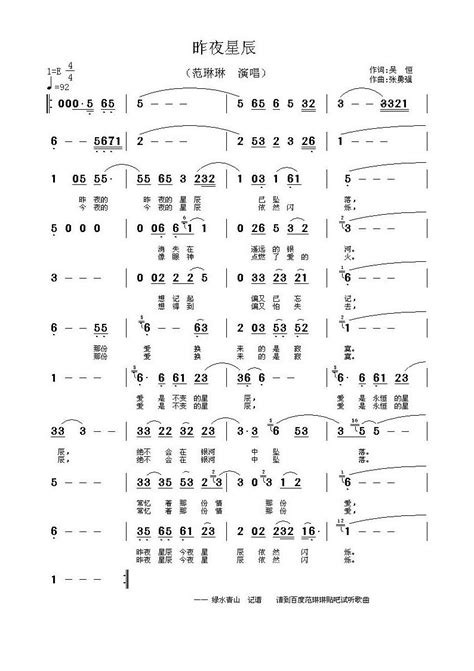 范琳琳【昨夜星辰】歌曲曲谱歌谱简谱下载【风雅颂歌谱网】动态伴奏演唱演奏视唱简谱歌谱曲谱高质量图片pdf下载网