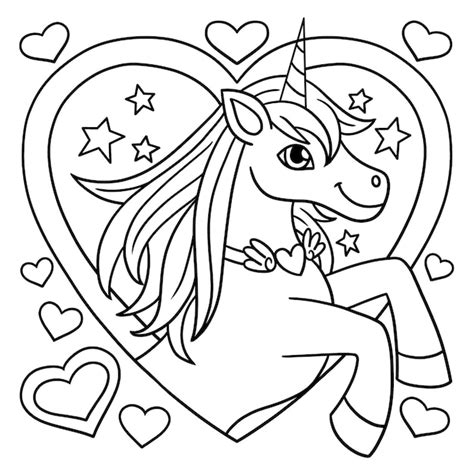 Unicornio con un corazón página para colorear para niños Vector Premium