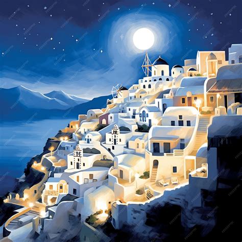 Premium AI Image | a painting of a village at night with a moon in the sky.