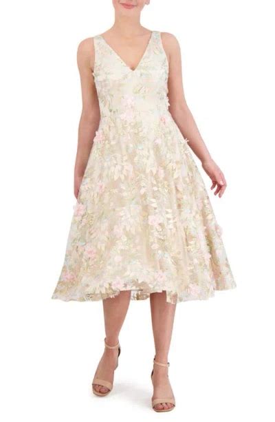 Eliza J 3d Floating Flowers Mesh Midi Dress In Champagne Modesens