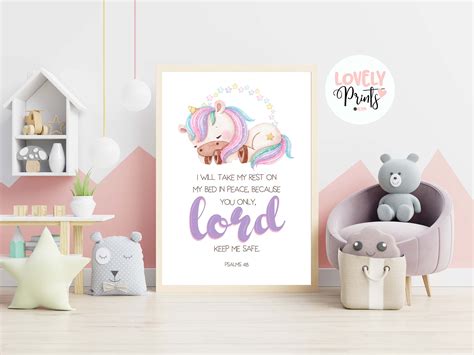 Unicorn bible verse prints psalms 4 8 printable bible girl | Etsy