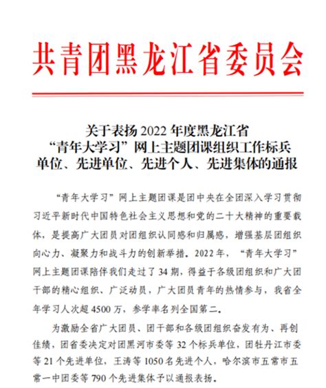 喜报 我校团组织荣获2022年度全省“青年大学习”网上主题团课组织工作“标兵单位”“先进个人”“先进集体”荣誉称号 哈尔滨石油学院