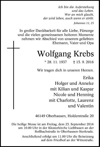 Traueranzeigen Von Wolfgang Krebs Trauer In NRW De