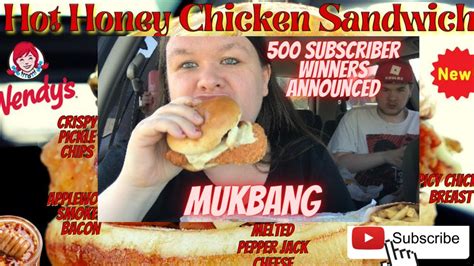 WENDYS NEW HOT HONEY CHICKEN SANDWICH MUKBANG 500 SUBSCRIBER GIVE AWAY