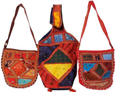 Assorted Lot Of Three Embroidered Handbags From Kutch Exotic India Art