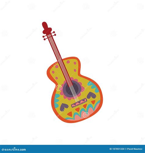 Acoustic Guitar With Mexican Ornament Cartoon Vector Illustration Stock