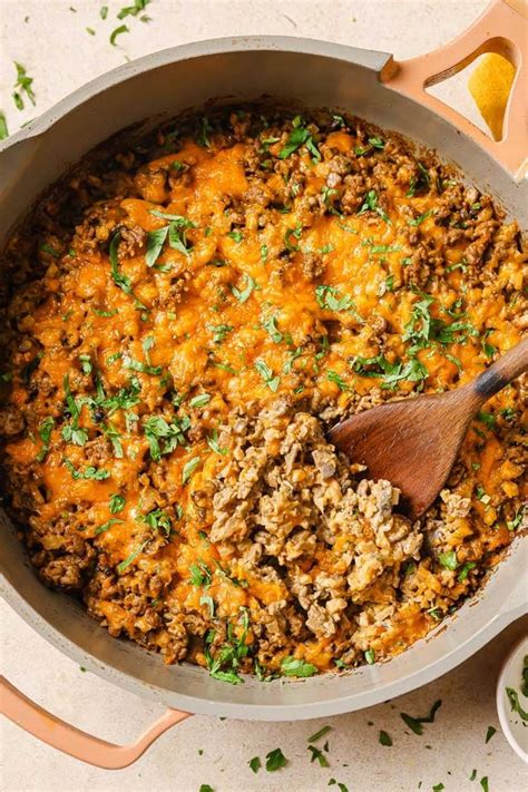 Creamy Ground Beef Skillet With Cauliflower Rice Recipe Ground Beef Beef Recipes Easy Easy