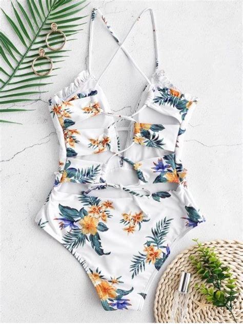 Zaful High Rise Flower Frilled Lace Up Swimsuit Swimsuits Cute