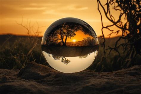 Premium AI Image Sunset And Tree Reflection In Crystal Sphere Concept