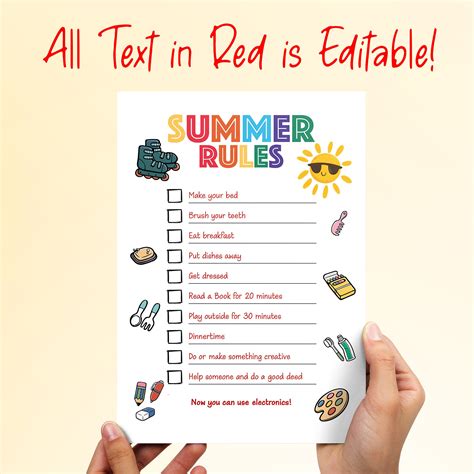 Summer Rules for Kids, Chart for Kids Editable, Summer Rules Editable, Kids for Planner