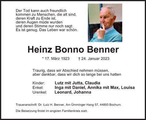 Traueranzeigen Von Heinz Bonno Benner Trauer In NRW De