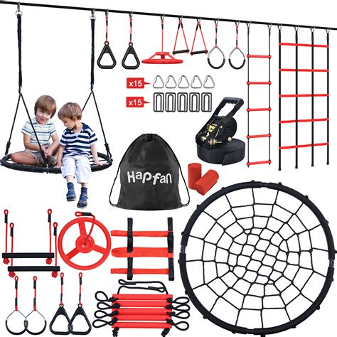 Hapfan 50ft Ninja Warrior Obstacle Course for Kids with Swing, Weather