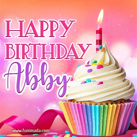 A GIF featuring the name Abby, a decorated cupcake with a lit candle ...