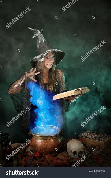 Halloween Witch Cooking Potion Copper Cauldron Stock Photo 157295702