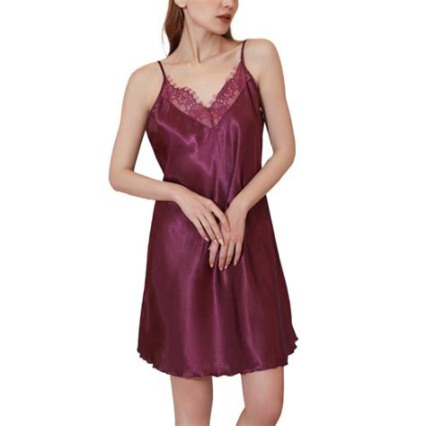 Stibadium Women Lingerie V Neck Nightwear Satin Sleepwear Lace Chemise