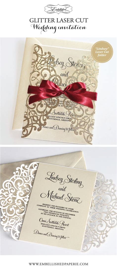 Custom Glam Wedding Invitation Gold Glitter Scroll Laser Cut Wedding Invitation Elegant Ivory