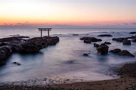 Shrine Gate Sunrise at Sea Oarai City, Ibaraki Stock Image - Image of ...