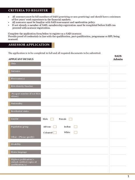 Fillable Online Sais Co Assessor Registration Form South African Institute Of Fax Email