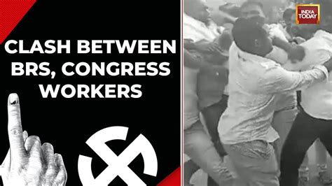 Telangana Election 2023 Clash Between BRS Congress Workers In Khammam