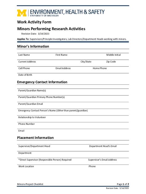 Fillable Online Ehs Umich Minors Working In UH Laboratories