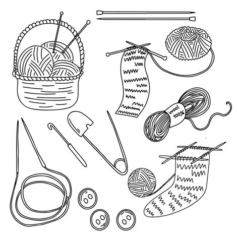 Set Of Knitting Accessories In Hand Drawn Doodle Style Crochet