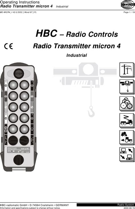 Hbc Radiomatic M Crane Remote Control Transmitter User Manual Be