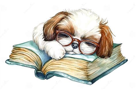 Sleepy Shih Tzu with Glasses and a Book Stock Illustration