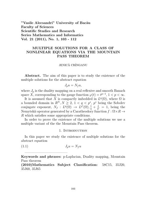 Pdf Multiple Solutions For A Class Of Nonlinear Equations Via The