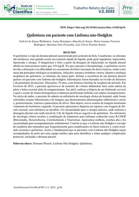 PDF Quilotórax em paciente Linfoma não Hodgkin