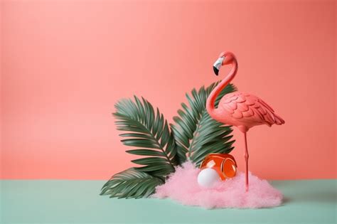 Premium AI Image A Pink Flamingo Figurine Stands Next To A Pink Palm