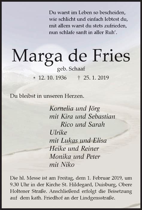 Traueranzeigen Von Marga De Fries Trauer In NRW De