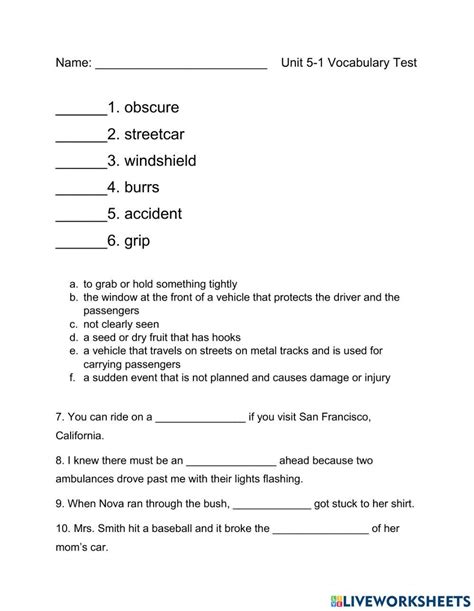 Unit 5 1 Vocabulary Test Worksheet Live Worksheets