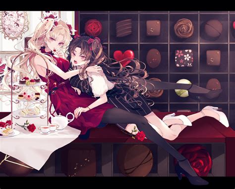 2girls Blonde Hair Brown Hair Cake Candy Cherry Blossoms Chocolate