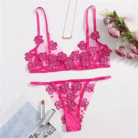 String Sexy Fleurs Broderie Bralette Dentelle Soutien Gorge Bustier Lingerie String E Rose Vif