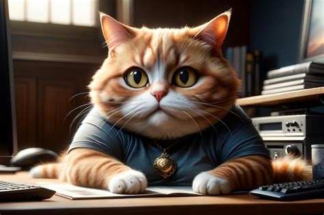 A Fat Cat In A Tshirt Is Sitting At The Office Table In Front Of A Computer Premium Ai