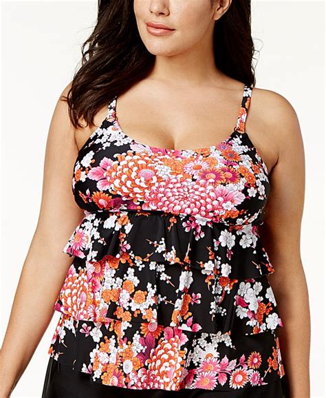 Island Escape Plus Size Zen Gardens Floral Print Tiered Underwire Tankini Top Macys