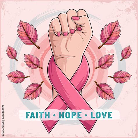 Breast Cancer Awareness Month Poster With Woman Hand And Pink Ribbon