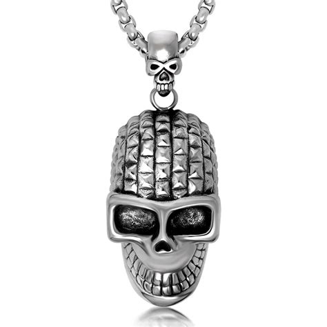 Retro Punk Hip Hop Silver Tone Stainless Steel Skull Pendant Necklace