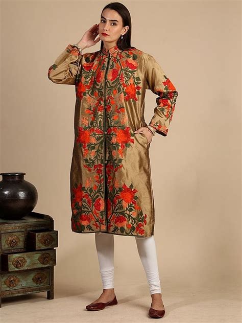 Art Silk Long Jacket From Kashmir With Aari Embroidered All Over Giant