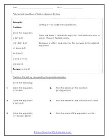 Polynomial Equation of Higher Degree Worksheets