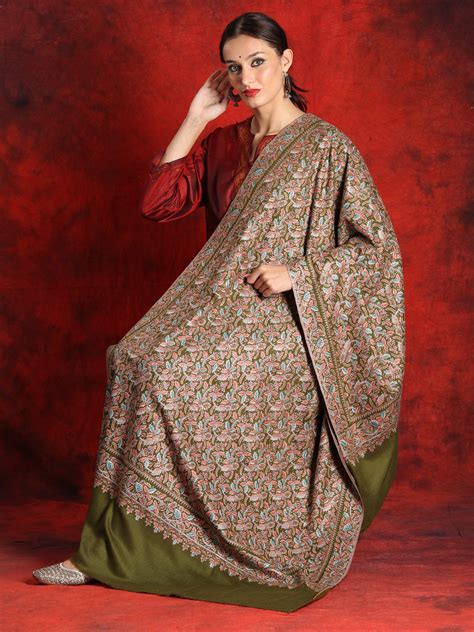 Pure Pashmina Sozni Henna Green Colored Jamawar Shawl With All Over