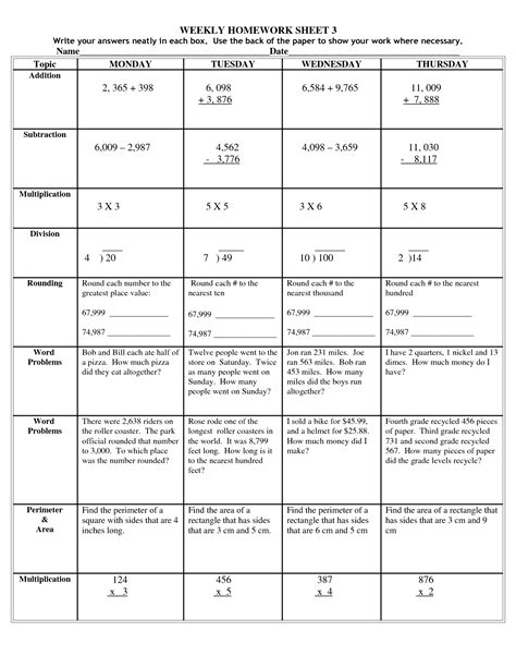 4th Grade Homework Sheets Weekly Homework Sheet 4th Grade Week 3