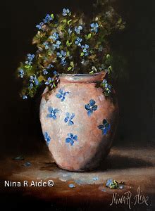 Nina R Aide Blue Flowers Still Life Oil Painting Entry May