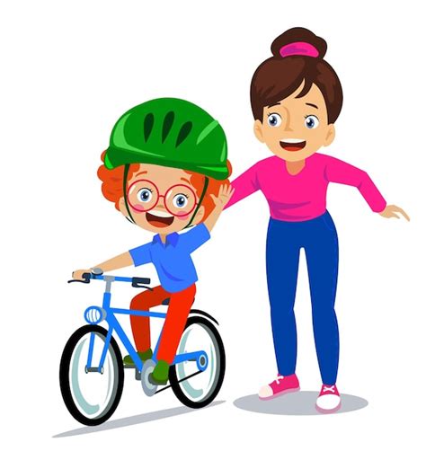 Mam Ense Ando A Su Lindo Hijo A Andar En Bicicleta Vector Premium