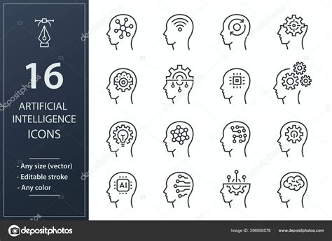 Artificial Intelligence Line Icons Editable Stroke Black Vector