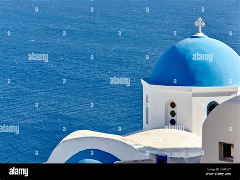 Famous Three Blue Domes In Oia Santorini Stock Photo Alamy