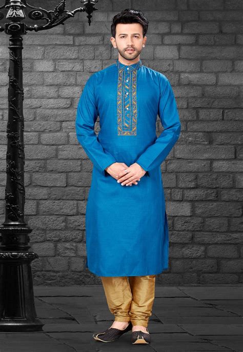 Buy Blue Silk Readymade Kurta Pajama 163840 Online At Lowest Price From Our Mens Wear Collection