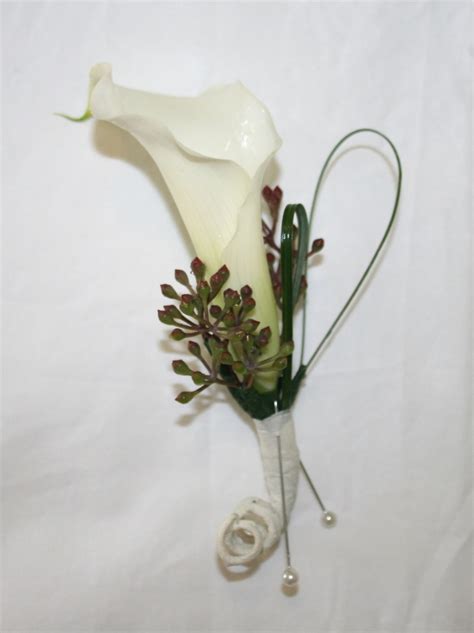 White Calla Lily Boutonniere With Eucalyptus Bud And Bear Grass Accents